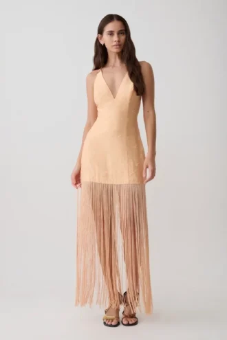 Abigail maxi-jurk met V-hals en franjes – Oranje