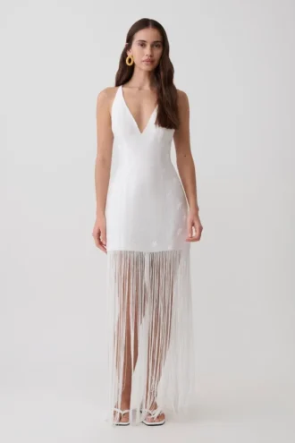 Abigail maxi-jurk met V-hals en franjes – Wit