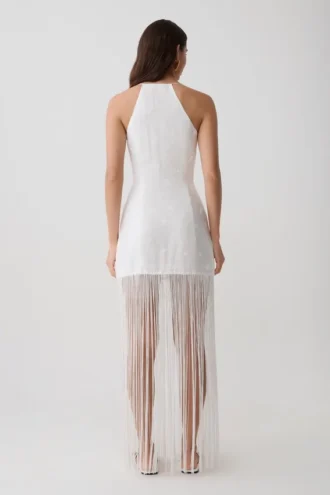 Abigail maxi-jurk met V-hals en franjes – Wit