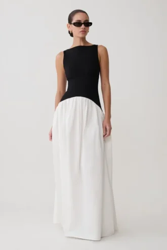 Acacia contrasterende mouwloze maxi-jurk – Zwart/Wit
