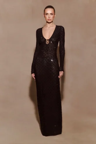Acadia Diamante maxi-jurk met lange mouwen – Zwart