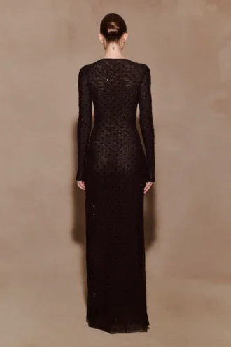 Acadia Diamante maxi-jurk met lange mouwen – Zwart