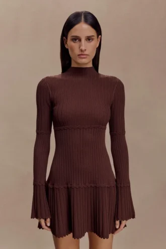 Adena Pointelle gebreide mini-jurk – Chocolade
