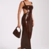 Adoria maxi-jurk met pailletten en uitsnijdingen – Chocoladebruin Adoria maxi-jurk met pailletten en uitsnijdingen – Chocoladebruin