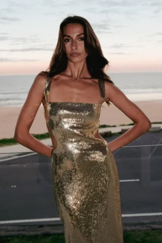 Adoria maxi-jurk met pailletten en uitsnijdingen – Goud