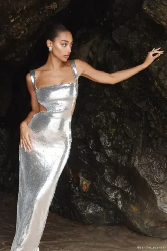 Adoria maxi-jurk met pailletten en uitsnijdingen – Zilver