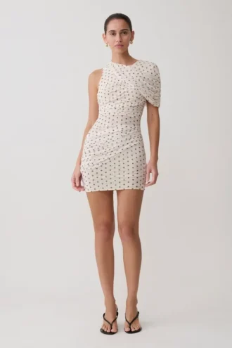 Adrienne mini-jurk met mesh en één schouder – stippen