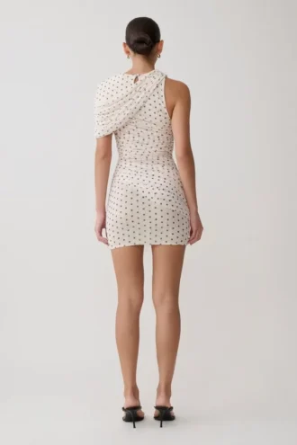Adrienne mini-jurk met mesh en één schouder – stippen