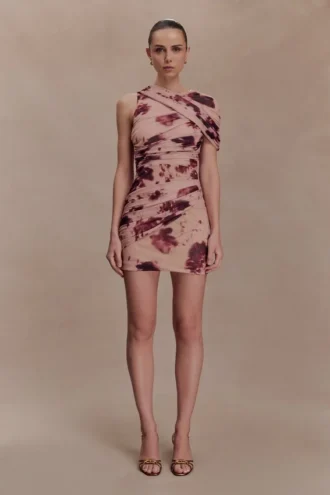 Adrienne mini-jurk met één schouder van mesh – Nude met vage bloemenprint