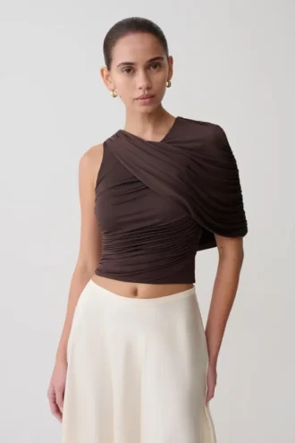 Adrienne slinky top met één schouder – Chocoladebruin