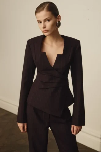Agatha blazer met vierkante hals – Pruim met krijtstreep