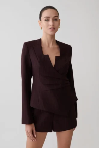 Agatha blazer met vierkante hals – Pruim met krijtstreep