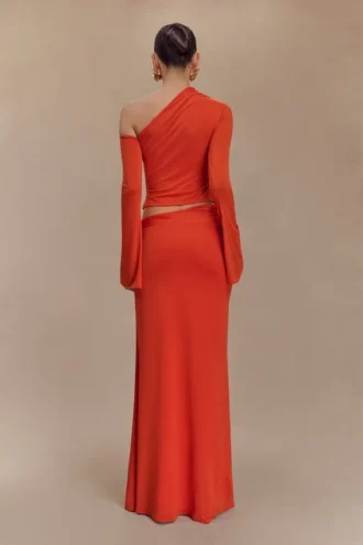 Ainsley asymmetrische maxi-rok met bloemendetails – gebrand oranje