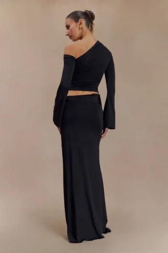 Ainsley asymmetrische maxi-rok met bloemendetails – Zwart