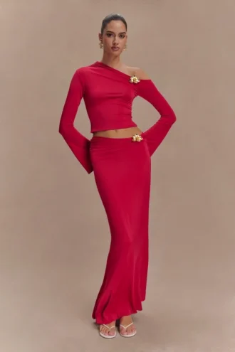 Ainsley asymmetrische maxi-rok met bloemvormige details – fuchsia