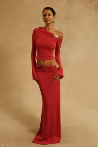 Ainsley asymmetrische maxi-rok met bloemvormige details – fuchsia