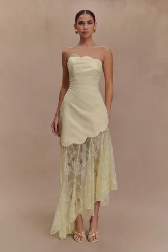 Aleena satijnen en kanten maxi-jurk – Lemon