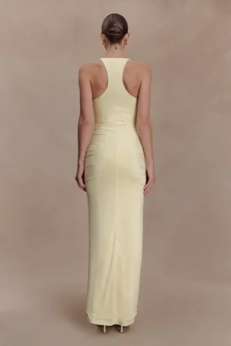 Alessandra slinky maxi-jurk met ruches – Citroengeel