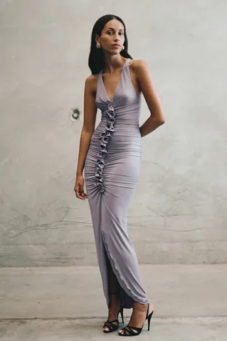 Alessandra slinky maxi-jurk met ruches – grijs