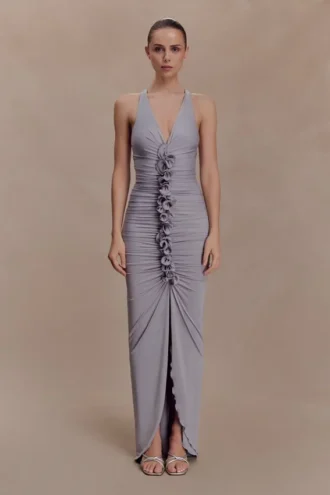 Alessandra slinky maxi-jurk met ruches – grijs