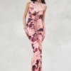 Alessandra Slinky maxi-jurk met ruches – Roze wazige bloemenprint Alessandra Slinky maxi-jurk met ruches – Roze wazige bloemenprint
