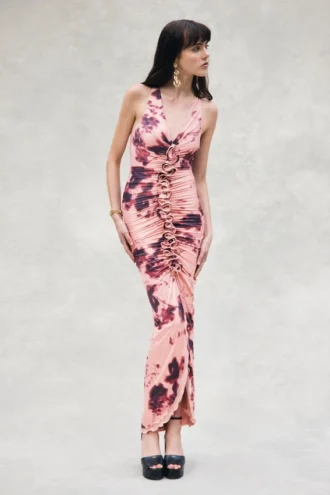 Alessandra Slinky maxi-jurk met ruches – Roze wazige bloemenprint