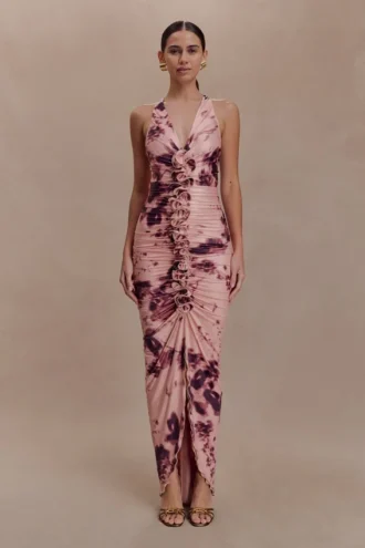 Alessandra Slinky maxi-jurk met ruches – Roze wazige bloemenprint
