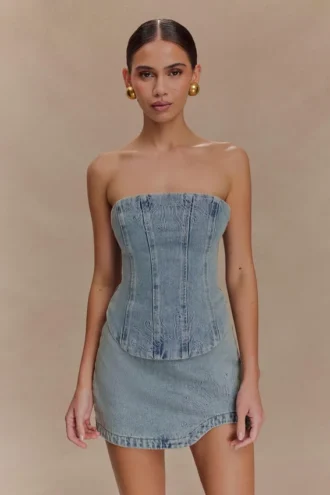Alessia geborduurd Denim-corset – licht vintage