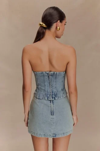 Alessia geborduurd Denim-corset – licht vintage