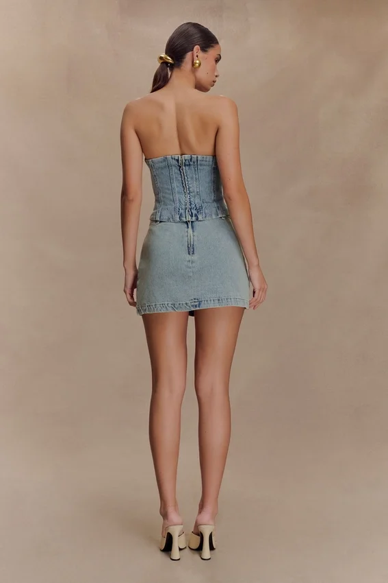 Alessia geborduurd Denim-corset – licht vintage Alessia geborduurd Denim-corset – licht vintage