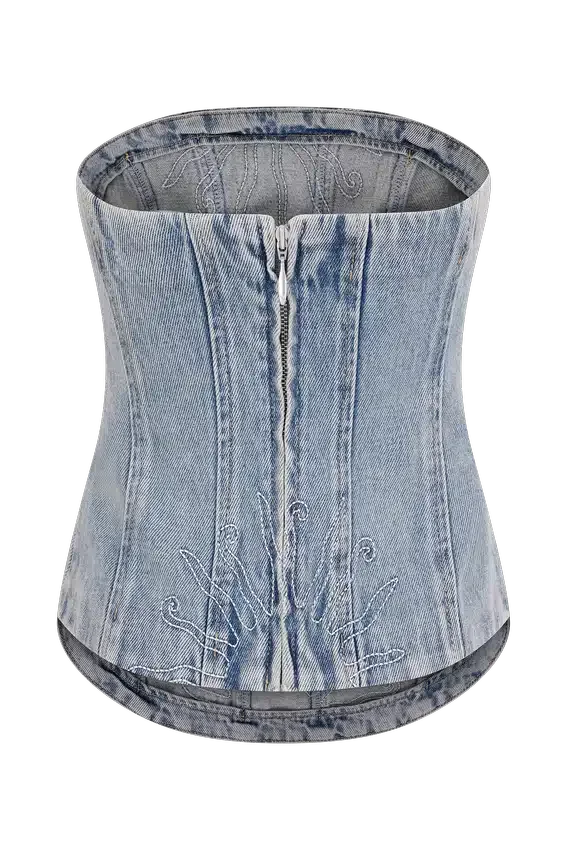 Alessia geborduurd Denim-corset – licht vintage Alessia geborduurd Denim-corset – licht vintage