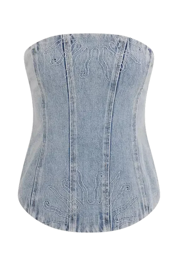 Alessia geborduurd Denim-corset – licht vintage Alessia geborduurd Denim-corset – licht vintage