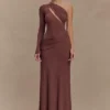 Alexius gebreide maxi-jurk met één schouder – Nootmuskaat Alexius gebreide maxi-jurk met één schouder – Nootmuskaat