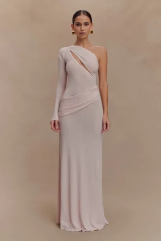 Alexius gebreide maxi-jurk met één schouder – oudroze