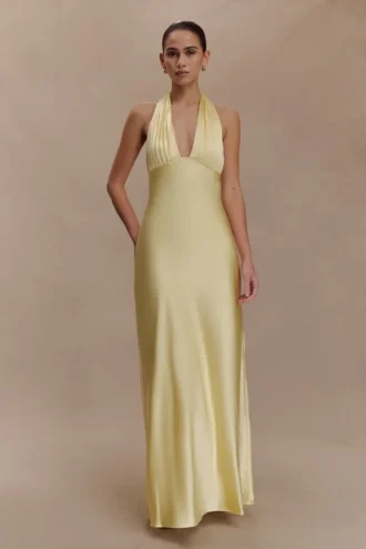 Alice satijnen halter maxi-jurk – Lemon