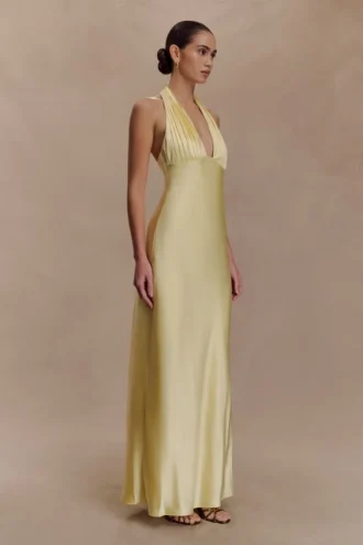 Alice satijnen halter maxi-jurk – Lemon