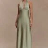 Alice satijnen halter maxi-jurk – salie