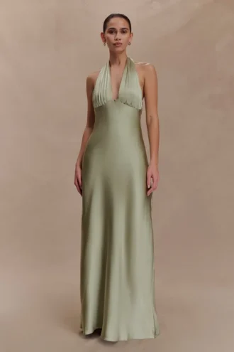Alice satijnen halter maxi-jurk – salie