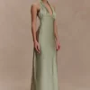Alice satijnen halter maxi-jurk – salie