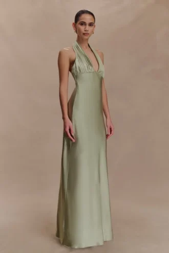 Alice satijnen halter maxi-jurk – salie