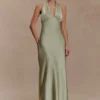 Alice satijnen halter maxi-jurk – salie