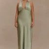 Alice satijnen halter maxi-jurk – salie