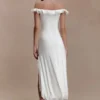 Allegra off-shoulder midi-jurk met ruches – ivoor Allegra off-shoulder midi-jurk met ruches – ivoor