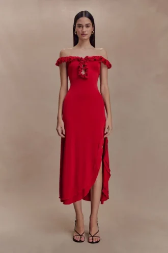 Allegra off-shoulder midi-jurk met ruches – Ruby