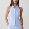 Allison haltertop zonder mouwen – Blauw met krijtstreep Allison haltertop zonder mouwen – Blauw met krijtstreep