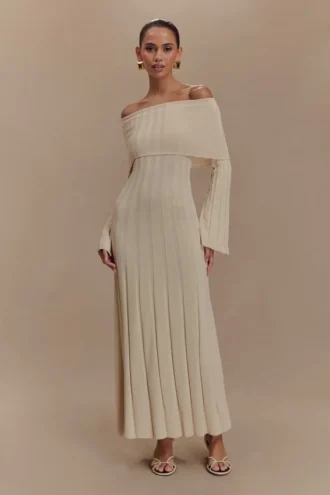 Alonza gebreide midi-jurk met lange mouwen – Crème