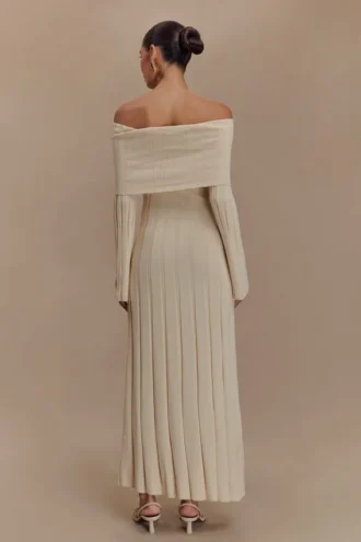 Alonza gebreide midi-jurk met lange mouwen – Crème