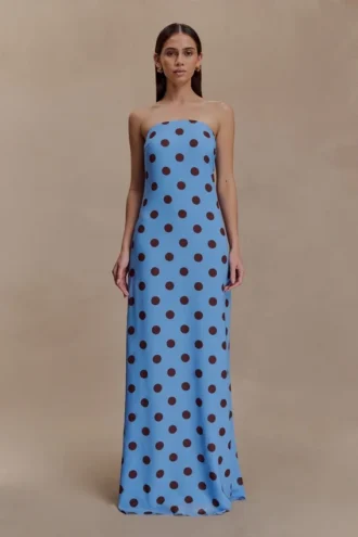 Amaya strapless chiffon maxi-jurk – blauw met stippen