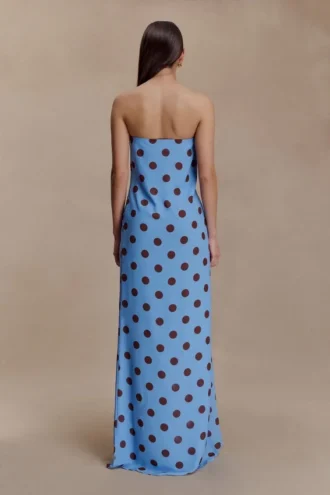 Amaya strapless chiffon maxi-jurk – blauw met stippen
