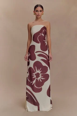 Amaya strapless chiffon maxi-jurk – bruine Deco Fleur-print